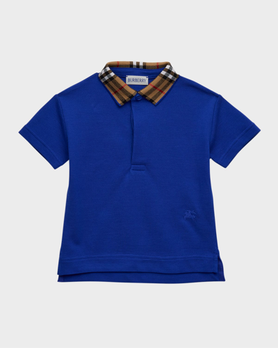 Shop Burberry Boy's Johane Embroidered Check Collar Ekd Polo Shirt In Knight