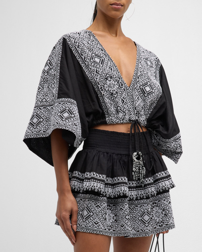 Shop Ramy Brook Marlowe Embroidered Cropped Blouse In Black White Multi