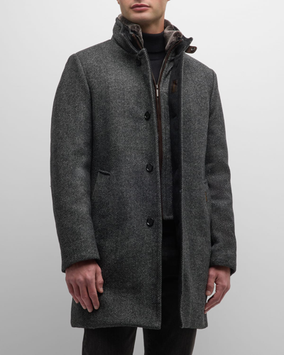 Shop Moorer Men's Herringbone Bib Topcoat With Shearling In Grey