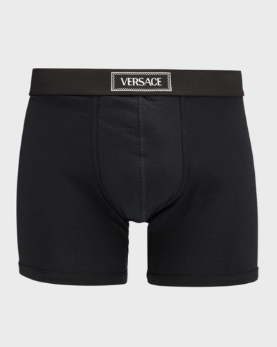 Shop Versace Men's Cotton Jersey Logo Boxer Briefs In Black