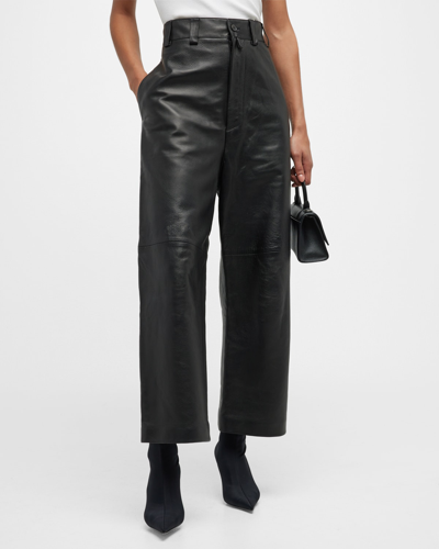 Shop Balenciaga Leather Wide-leg Cropped Pants In 1000 Black