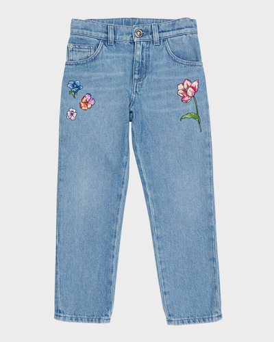Shop Versace Girl's Floral Embroidered Denim Jeans In Light Bluemutlico
