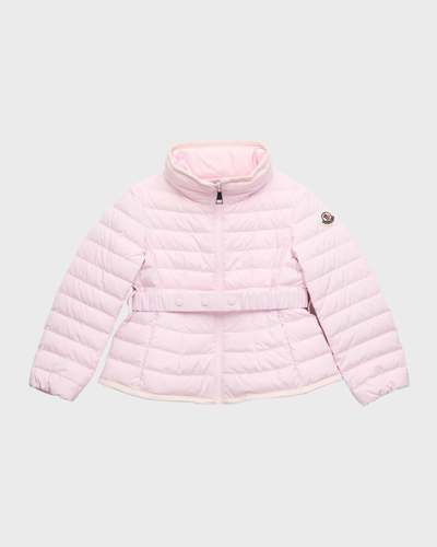 Shop Moncler Girl's Dinka Jacket Belted Down Jacket In Pink