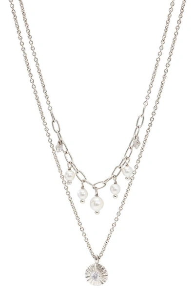 Shop Ajoa Layered Imitation Pearl Pendant Necklace In Rhodium