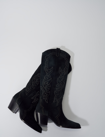 Shop Maje Suede Cowboy Boots In Off Black /