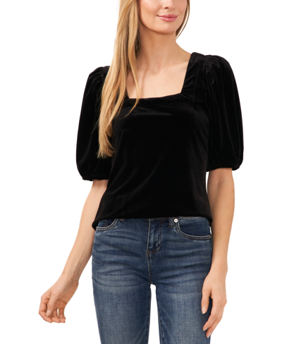 Shop Cece Women's Square Neck Short Puff Sleeve Velvet Top In Rich Black