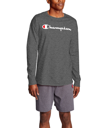 Shop Champion Men's Script-logo Long Sleeve Tshirt In Granite Heather,white