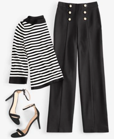 Shop Anne Klein Womens Striped Boat Neck Sweater Pull On Button Detail High Rise Pants In Anne Black