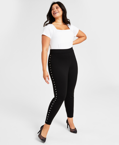 Shop Bar Iii Plus Size Side-studded Leggings, Created For Macy's In Deep Black