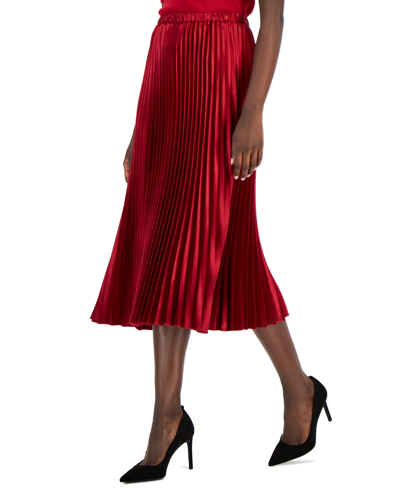 Shop Anne Klein Petite Satin Pleated Pull-on Midi Skirt In Titian Red