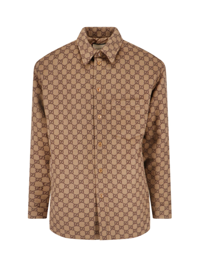 Shop Gucci 'gg' Padded Shirt Jacket In Brown