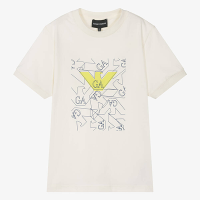 Shop Emporio Armani Teen Boys Ivory Cotton Eagle T-shirt