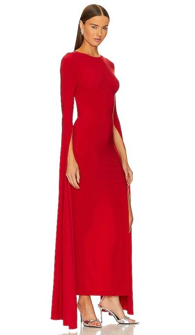Shop Norma Kamali Open Back Ribbon Sleeve Wide Slit Gown In Red
