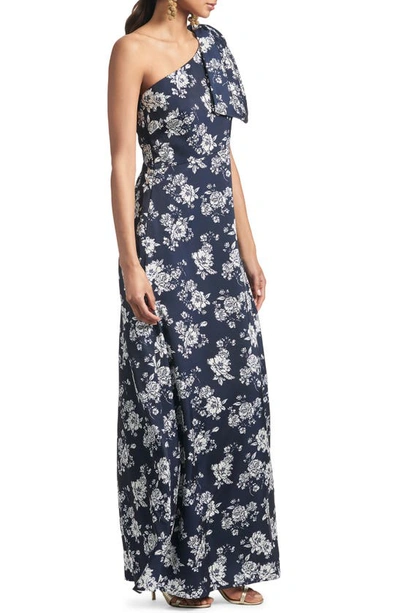 Shop Sachin & Babi One-shoulder Satin Charmeuse Gown In Navy/ Ivory Peony