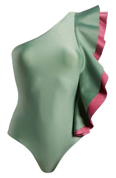 Shop Farm Rio Ruffle One-shoulder One-piece Swimsuit In Green