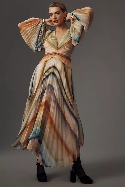 Shop Acler Astone Long-sleeve V-neck Midi Dress In Multicolor