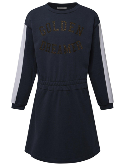Shop Golden Goose Logo Printed Long Sleeved Dress In Sea Storm/artic Wolf