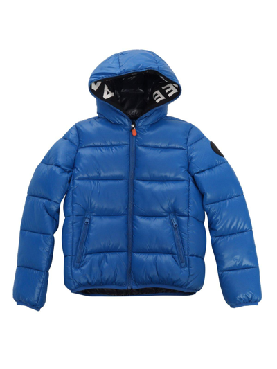 Shop Save The Duck Logo-patch Hooded Quilted Jacket In Blue Berry