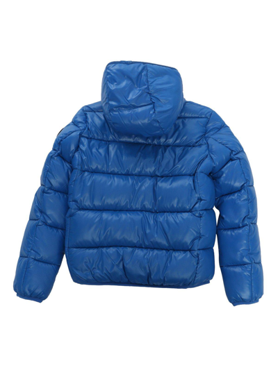 Shop Save The Duck Logo-patch Hooded Quilted Jacket In Blue Berry