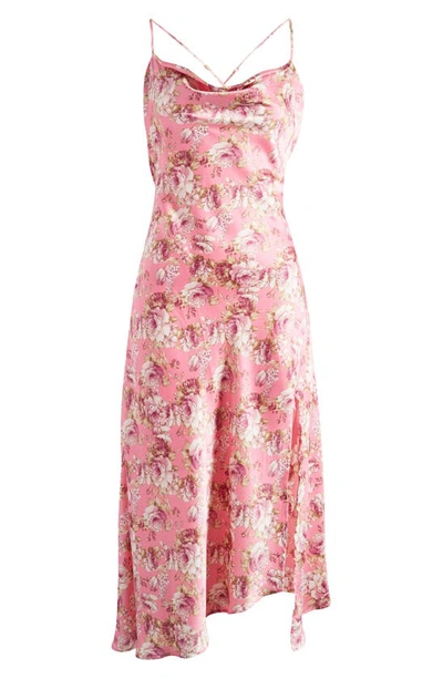 Shop Astr Gaia Strappy Bias Cut Satin Midi Dress In Icy Pink Floral