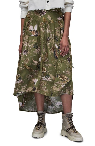 Shop Allsaints Kaye Peggy Print High-low Skirt In Khaki Green