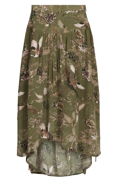 Shop Allsaints Kaye Peggy Print High-low Skirt In Khaki Green