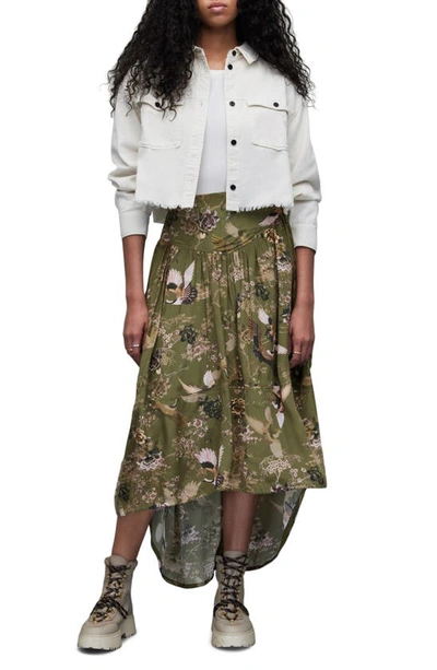 Shop Allsaints Kaye Peggy Print High-low Skirt In Khaki Green