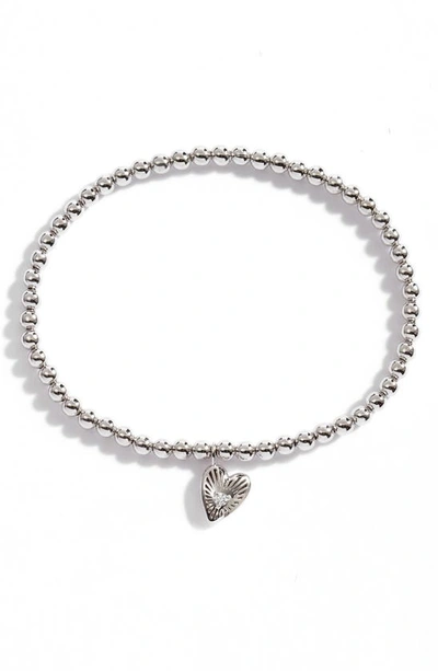 Shop Ajoa Heart Charm Beaded Stretch Bracelet In Rhodium