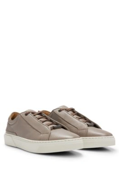 Shop Hugo Boss Gary Grained-leather Trainers With Logo Lace Loop In Light Grey