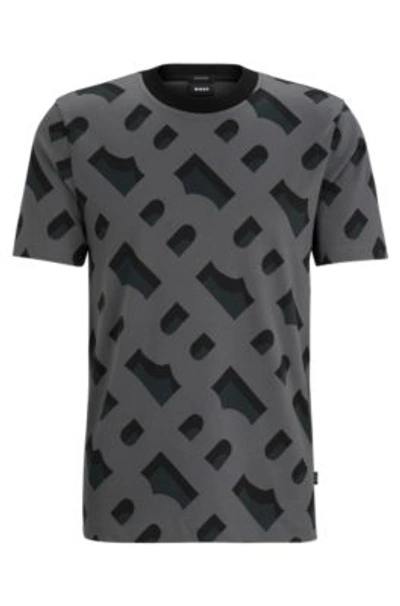 Shop Hugo Boss Monogram-jacquard T-shirt In Mercerized Stretch Cotton In Black