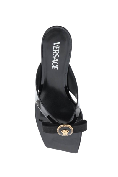 Shop Versace Gianni Ribbon Thong Mules In Black
