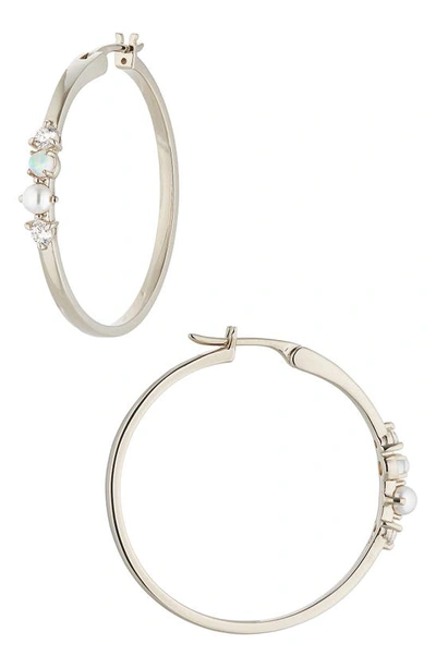 Shop Ajoa Large Cz & Imitation Pearl Hoop Earrings In Rhodium