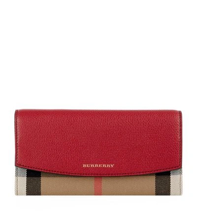 Burberry Porter House Check & Leather Continental Wallet, Military Red In Brown