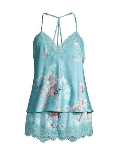 Shop In Bloom Women's Fernwood Floral Satin Shorts Set In Adriatic Blue