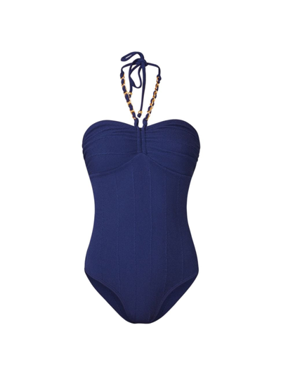 Shop Shoshanna Women's Bandeau Chainlink One-piece Swimsuit In Navy