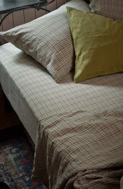 Shop Piglet In Bed Check Linen Flat Sheet In Laurel Green Check