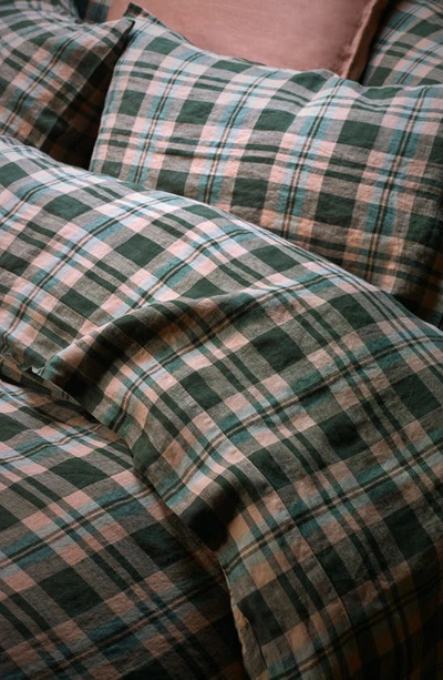 Shop Piglet In Bed Check Linen Fitted Sheet In Fern Green Check