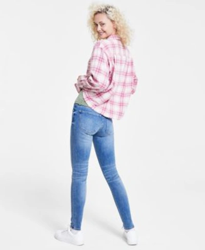Shop Lucky Brand Plaid Fringed Hem Cropped Shirt Floral Graphic Crewneck T Shirt Mid Rise Skinny Leg Jeans In Record Deal