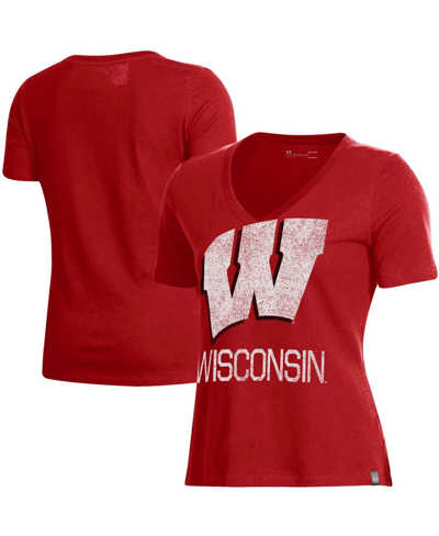 Shop Under Armour Women's  Red Wisconsin Badgers Logo Performance V-neck T-shirt
