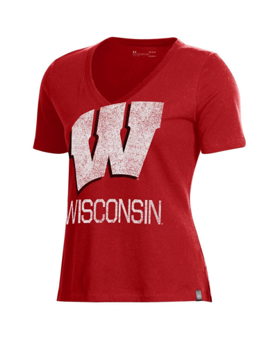 Shop Under Armour Women's  Red Wisconsin Badgers Logo Performance V-neck T-shirt