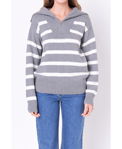 Shop English Factory Women's Striped Knit Zip Pullover Sweater In Heather Grey,white
