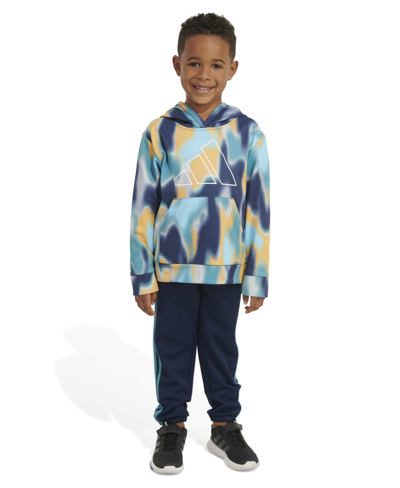 Shop Adidas Originals Toddler Boys Printed Polyester Fleece Pullover Hoodie And Jogger Pants, 2 Piece Set In Collegiate Navy With Pulse Aqua
