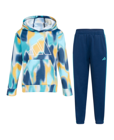 Shop Adidas Originals Toddler Boys Printed Polyester Fleece Pullover Hoodie And Jogger Pants, 2 Piece Set In Collegiate Navy With Pulse Aqua