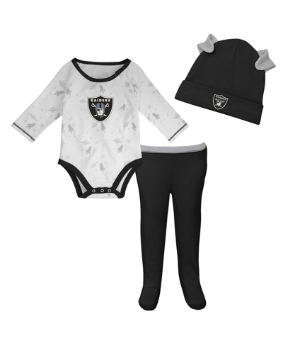 Shop Outerstuff Newborn And Infant Boys And Girls White, Black Las Vegas Raiders Dream Team Onesie Pants And Hat Set In White,black