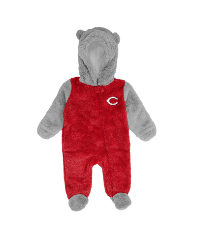 Outerstuff Newborn And Infant Boys And Girls Red, Gray Cincinnati Reds Game Nap Teddy Fleece Bunting Full-zip S In Red,gray