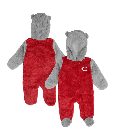 Outerstuff Newborn And Infant Boys And Girls Red, Gray Cincinnati Reds Game Nap Teddy Fleece Bunting Full-zip S In Red,gray