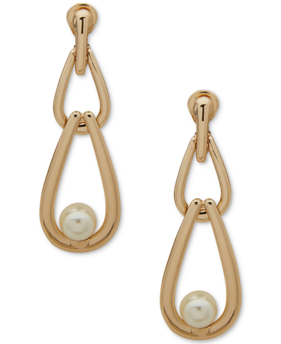 Shop Anne Klein Gold-tone Link & Imitation Pearl Clip-on Linear Drop Earrings In Crystal