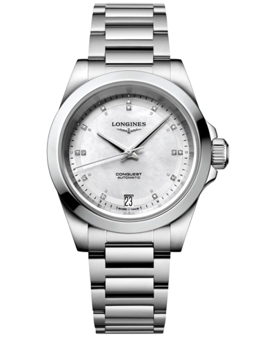 Shop Longines Women's Swiss Automatic Conquest Diamond Accent Stainless Steel Bracelet Watch 34mm In No Color