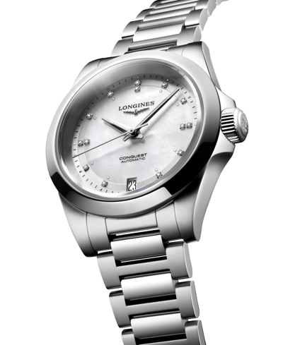 Shop Longines Women's Swiss Automatic Conquest Diamond Accent Stainless Steel Bracelet Watch 34mm In No Color