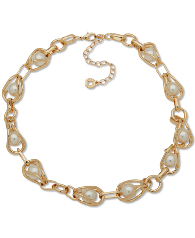Shop Anne Klein Gold-tone Link & Imitation Pearl Collar Necklace, 16" + 3" Extender